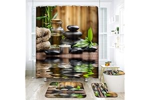 ArtSocket 4 Pcs Shower Curtain Set Stones Spa Oil Wood Massage Relax Candle Modern Water Bamboo Green with Non-Slip Rugs Toilet Lid Cover and Bath Mat Bathroom Decor Set 72" x 72"