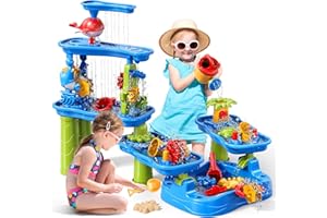 WATUDOU Water Table for Toddlers Kids 3-5 4-8, 5-Tier Sand Water Table with Rain Showers Pond, Kids Beach Summer Outdoor Toys Sand and Water Sensory Table, Gifts for Kids Boys Girls Ages 3 4 5 6 7 8+