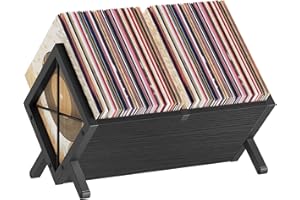 YATINEY Vinyl Record Holder, Record Storage Rack Holds 80-100 LP，Wooden and Metal Record Organizer, Quick Assembly Magazine Holder Vinyl Record Display Stand for CDs, Magazine, Albums, Black CJ06BB
