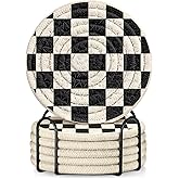 Kokaaee Cup Coasters for Drinks Absorbent - for Coffee Wooden Table Office Home Farmhouse Outdoor Rustic Desk Cup Mat Soft Woven Cloth Braided Fabric Cute Black Check Coaster Set of 6 with Holder