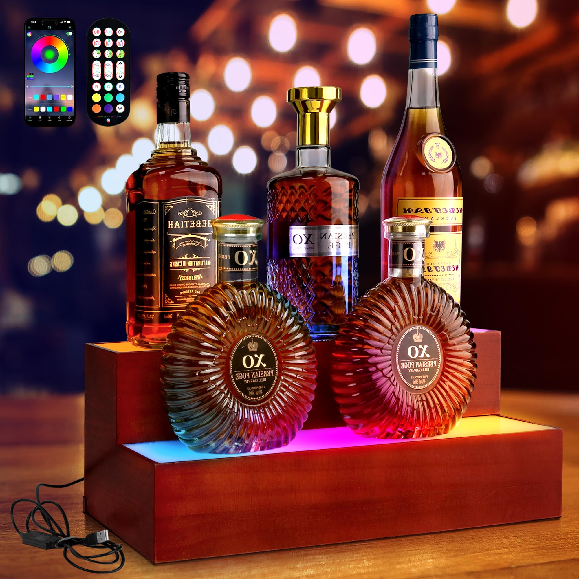 Photo 1 of 16 Inch LED Lighted Liquor Bottle Display Shelf, 2 Tier Bar Shelf for Liquor Bottles, Bar Bottle Display Shelf with RF Remote & App Control Multicolor 1-3H Timing, Real Wood Liquor Shelf for Home Bar