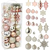 RN'D Christmas Snowflake Ball Ornaments - Hanging Snowflake and Ball Bulk Assortment Set with Hooks - 76 Xmas Ornaments and Hooks (Yellow & Rose Gold)