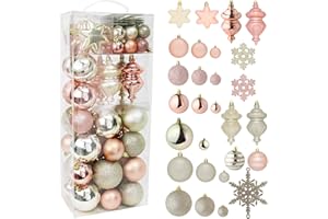 R N' D TOYS RN'D Christmas Snowflake Ball Ornaments - Christmas Hanging Snowflake and Ball Bulk Ornament Assortment Set with Hooks - 76 Xmas Ornaments and Hooks (Yellow & Rose Gold)