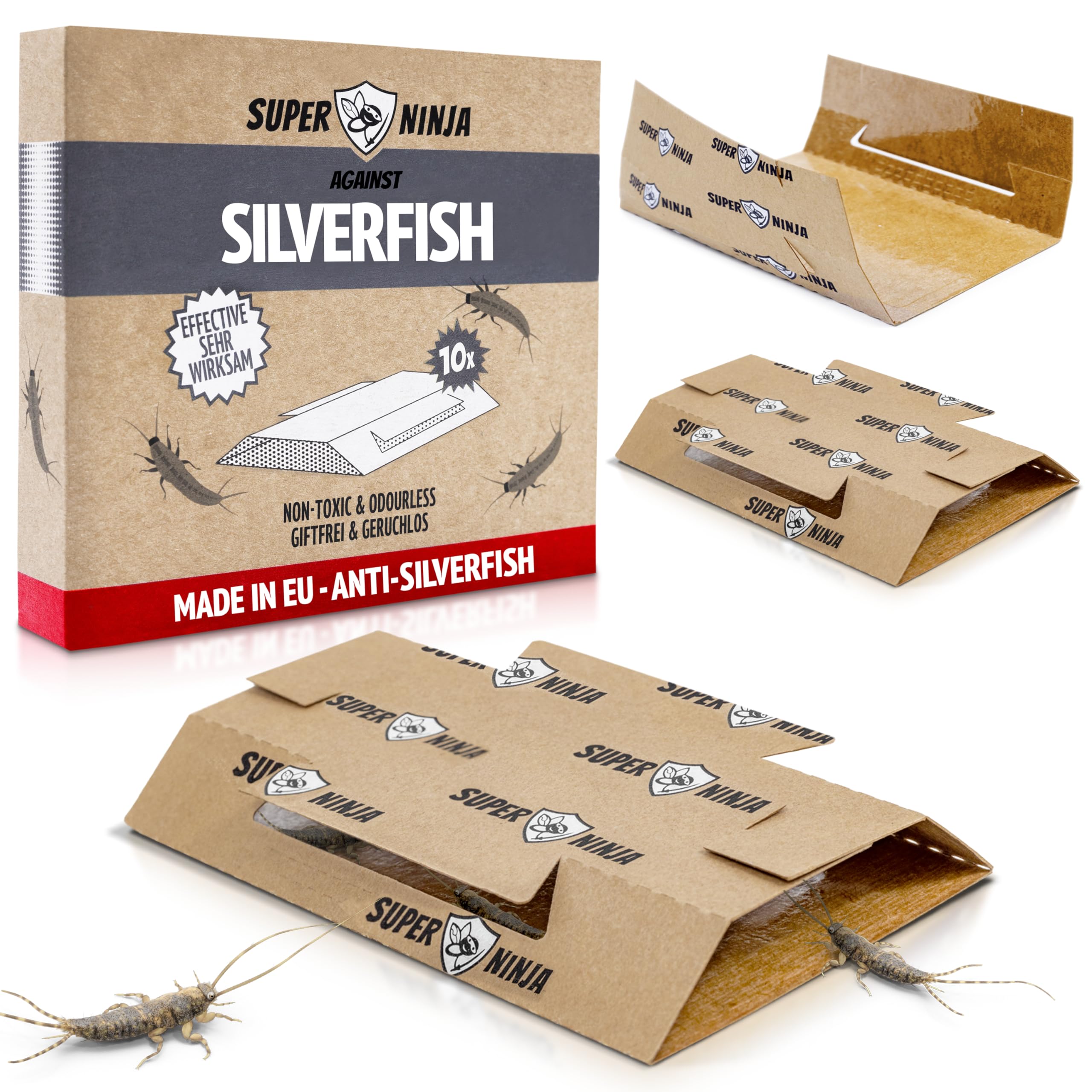 Super Ninja Silverfish Trap – 10 Pack, Silverfish Killer with Integrated Attractant, Odourless, Non-Toxic Sticky Traps for Basements, Bathrooms, Kitchens, Works for Up to 3 Months