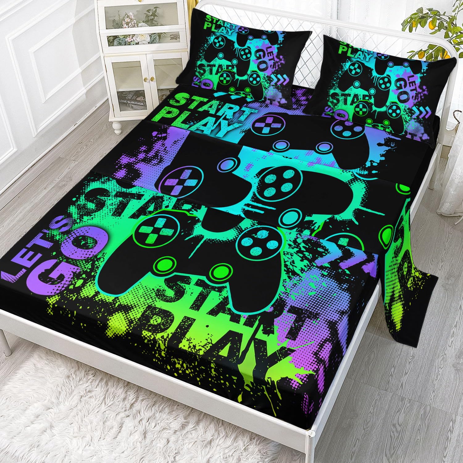 Photo 1 of Smell Sunshine Graffiti Gamepad Sheets Set - 4 Pcs with 1 Flat Sheet, 1 Fitted Sheet + 2 Pillowcases (Twin)