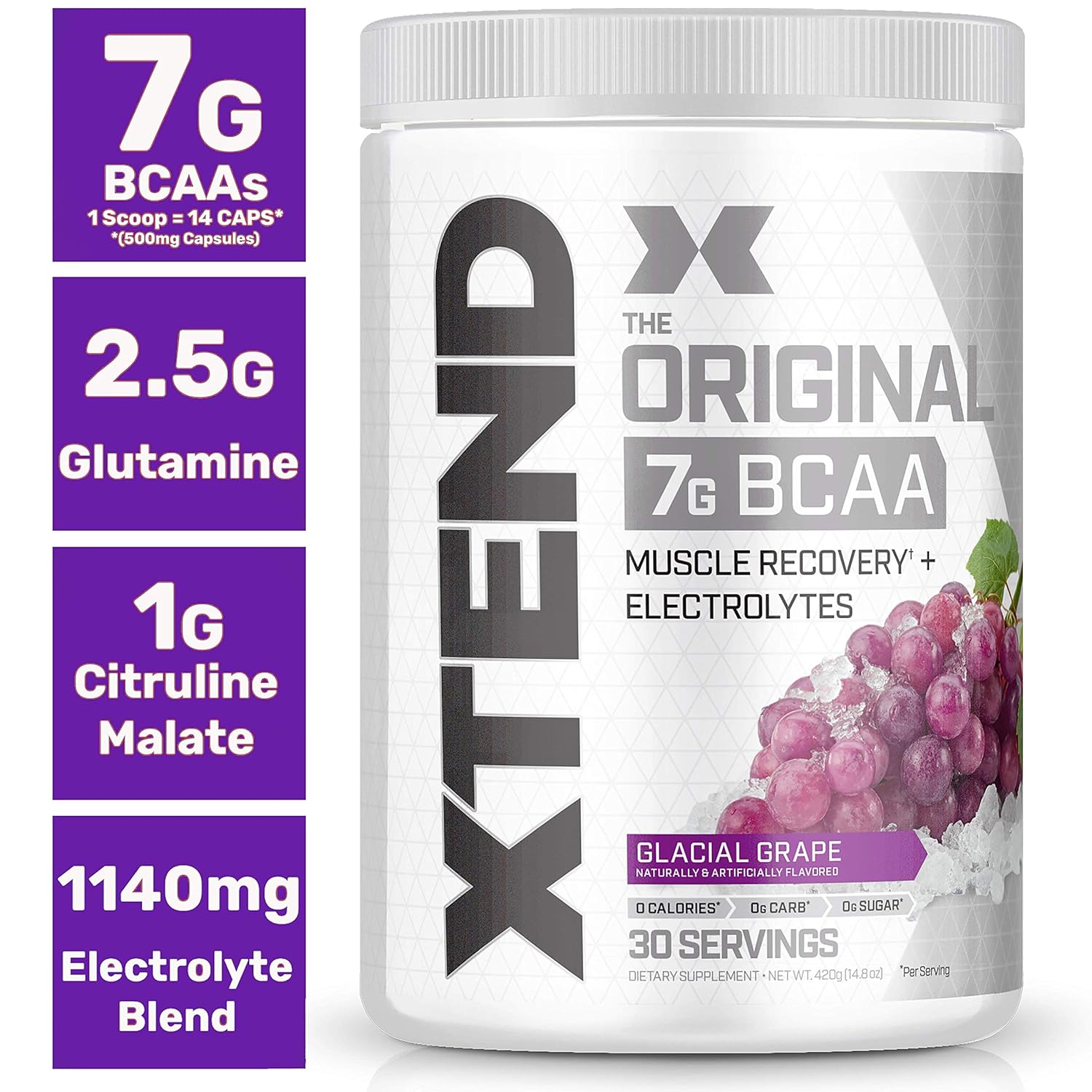 XTEND Original BCAA Powder Glacial Grape | Sugar Free Post Workout Muscle Recovery Drink with Amino Acids | 7g BCAAs for Men & Women| 30 Servings