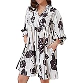 Zebaexf Women's Green Floral Babydoll Mini Dress Striped V Neck 3/4 Puff Sleeves A Line Flowy Swing Summer Dresses