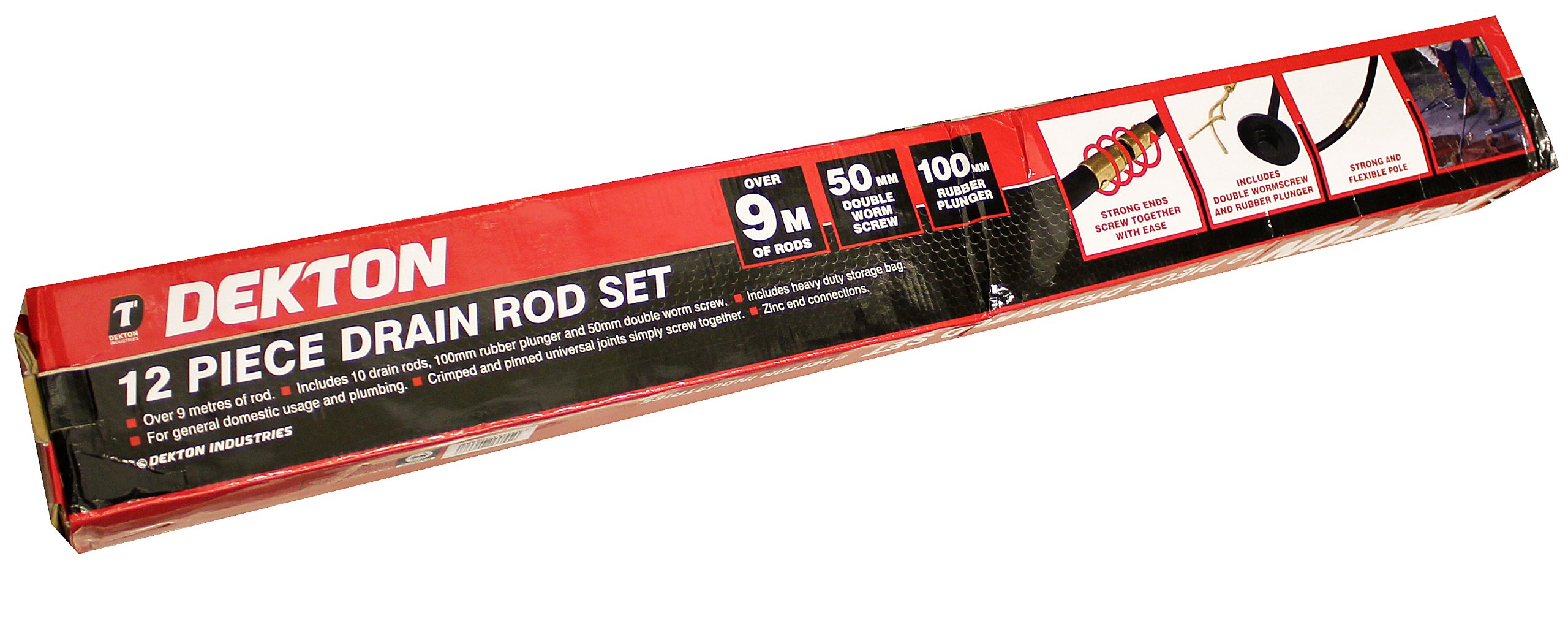 DEKTON DT30310 Drain Rod Set, Black/Red, Set of 12 Pieces