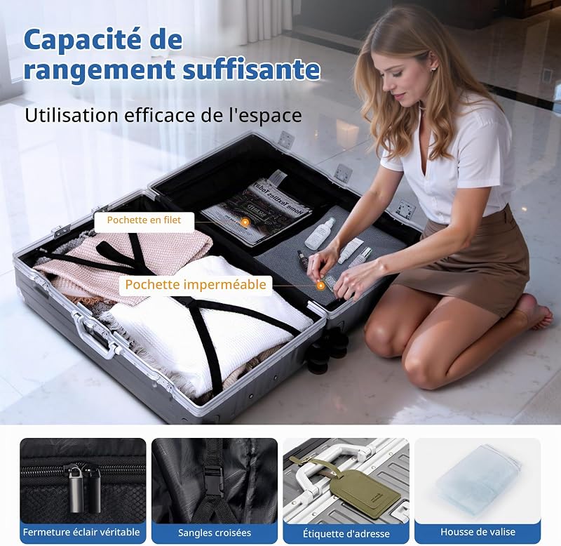 Valise Cabine Moyenne 55.5x37x22CM avec Serrure TSA Rigide Polycarbonate Valise da Voyage avec Cadre en Aluminium 37L Bagage de Voyage Luggage