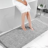 Yimobra Bathroom Runner Rug Non Slip 70"x 24", Super Absorbent Bath Rugs, Quick Dry, Luxury Extra Long Shaggy Fluffy Bath Mat for Double Vanity & Tub Side, Machine Washable, Light Gray and White