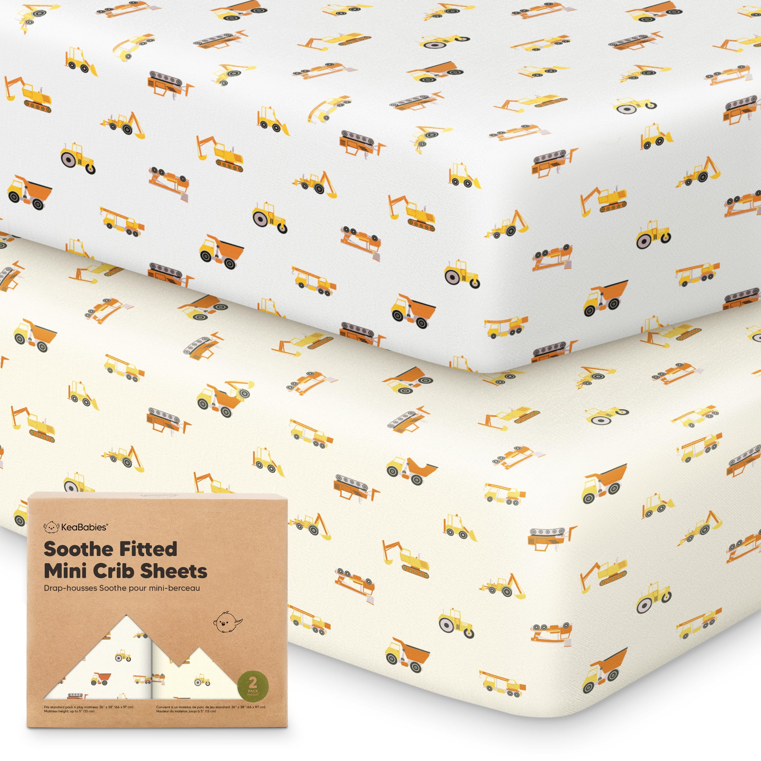 Photo 1 of 2-Pack Mini Crib Sheets Fitted - 38x26 Pack N Play Sheets for Pack and Play Mattress, Organic Cotton, Soft & Breathable Playard Bedding, Neutral Mini Toddler Bed Cover for Boys, Girls (Construction)