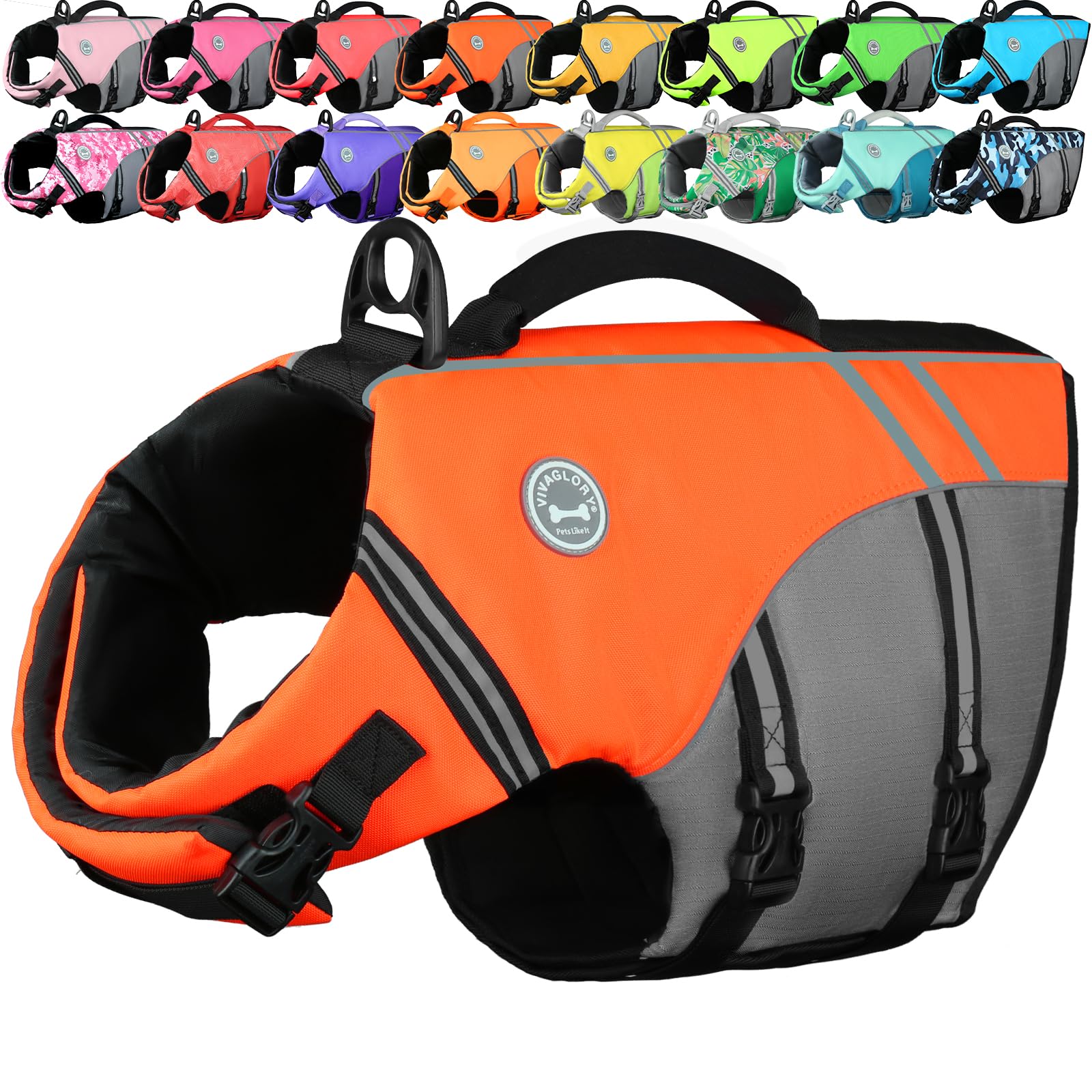 VIVAGLORY Sports Style Dog Life Jacket, Dog Buoyancy Jacket for Swimming & Boating, Ripstop & Buoyancy for Doggy, Life Vest with Handle, S, Bright Orange