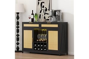 FTZxHKLX 51.2'' Rattan Coffee Bar Cabinet with Drawers and Storage, Boho Sideboard Buffet Cabinet with LED Lights, Wine Liquor Cabinet with Glass Holder and Wine Cellar for Dining Living Room,Black