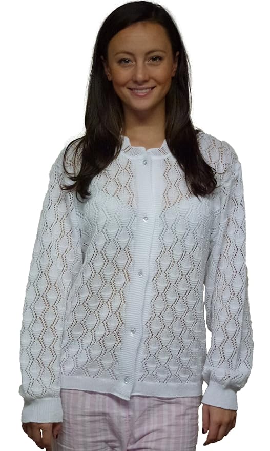 Kranz Baumwolle Weiß Damen Bettjacke Gestrickt mit Langarm Cardigan Nachtwäsche Strickjacke Weich