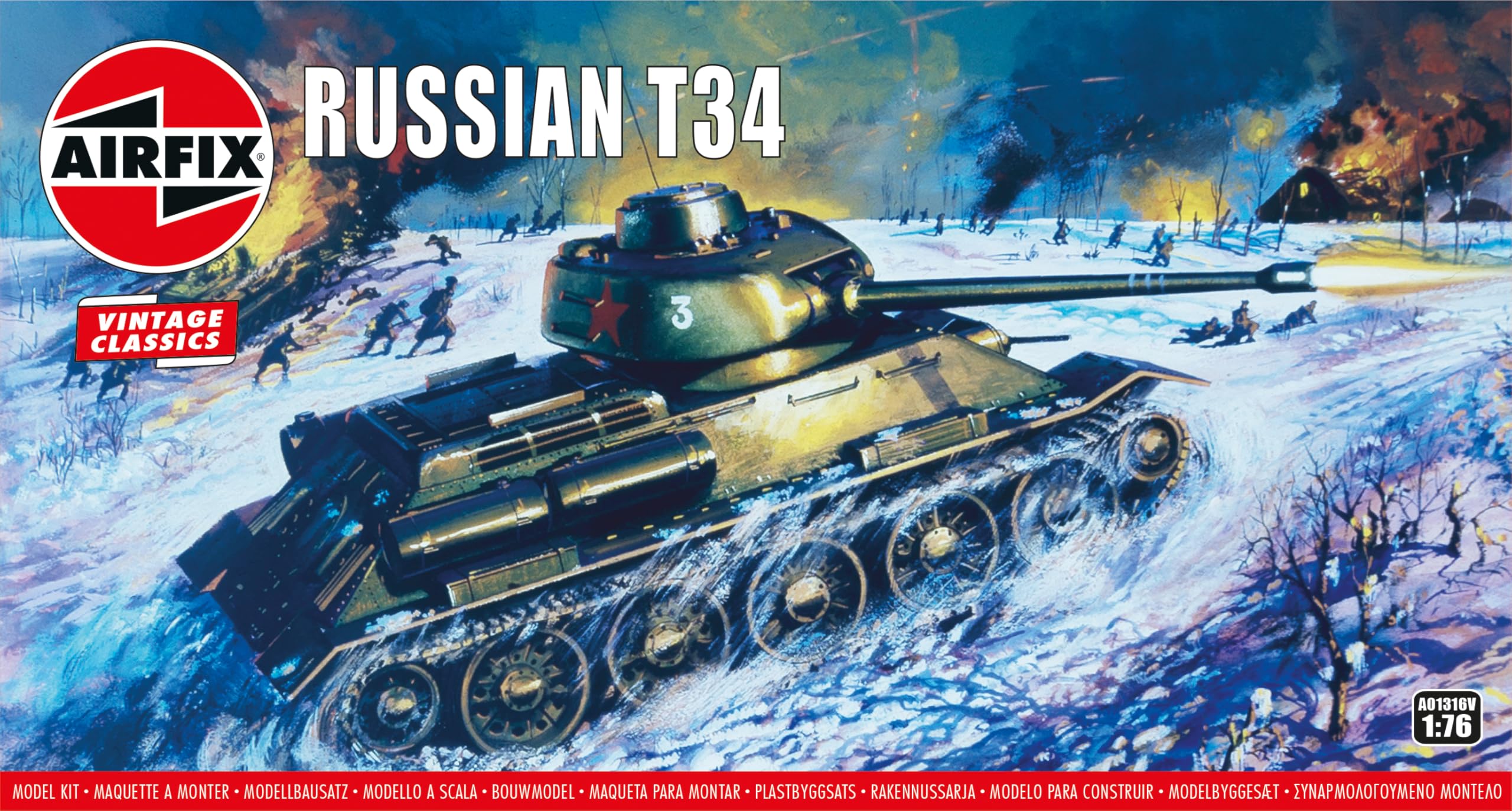 Airfix Vintage Classics Set - A01316V Russian T34 - Plastic Model Tank Kits for Adults & Children 8+, Set Includes 58 Pieces, Sprues & Decals - 1:76 Scale Model Tank Set — image 1