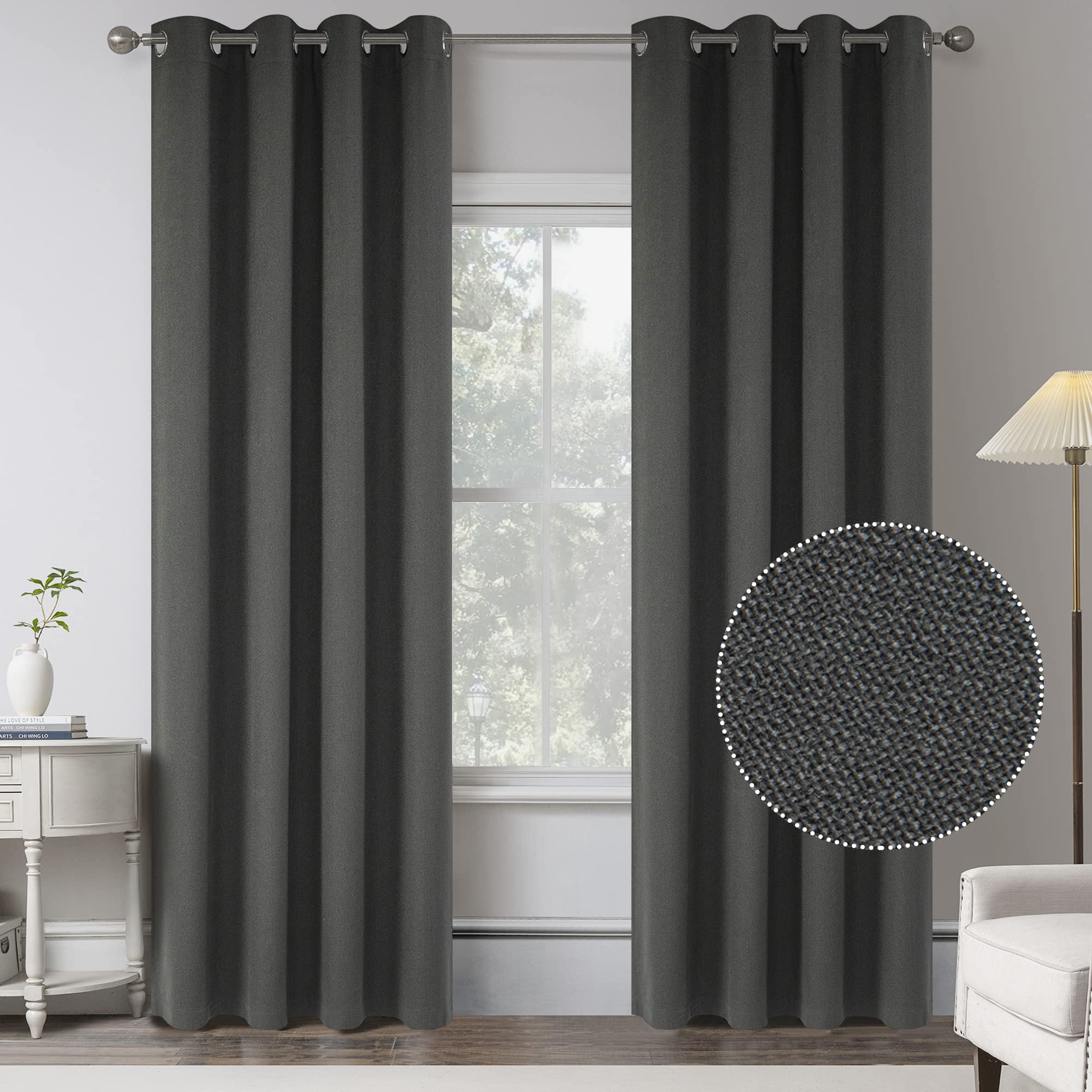 Photo 1 of 108 Inches Extra Long Linen 100% Blackout Curtains for Bedroom - Charcoal Grey Energy Saving Thermal Insulated Burlap Textured Curtain Drapes for Country Villa (Set of 2 Panels,W 52 x L 108)
