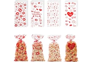 ONFAON Valentines Bags - Valentines Goodie Bags, 180pcs Valentines Candy Bags with 200pcs Twists for Snacks Cookies Candy Packing, Valentines Cellophane Treat Bags for Classroom Parties, Kids, Coworkers