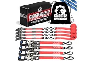 GA GEARAMERICA GearAmerica Heavy Duty Ratchet Straps 1.6” x 15’ Tie Down Kit for Cargo, Trucks, Motorcycles - 1823 lbs Break Strength with Soft Loops, Rubber Coated S Hooks w/Safety Clip, Spring Release, Carry Bag