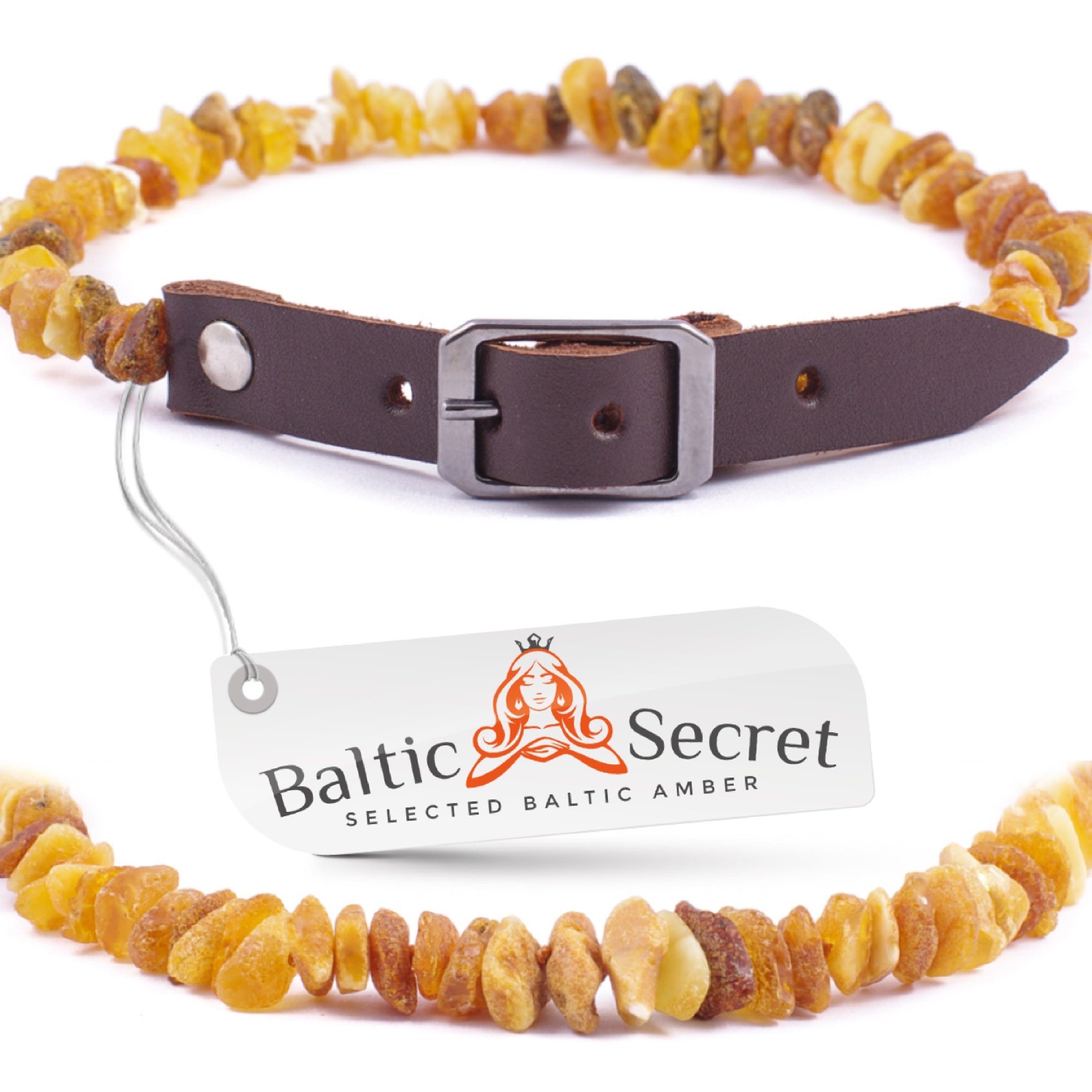 Baltic Amber Dog & Cat Collar with Adjustable Leather Strap for Pet Lovers - Natural Organic Raw Amber Beads for Your Pet's Style