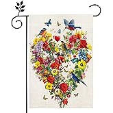 Spring Summer Birds Flowers Butterflies Garden Flag for Outside, Valentines Day Colorful Floral Love Hearts Outdoor Yard Flag 12x18 Inch Double Sided Burlap