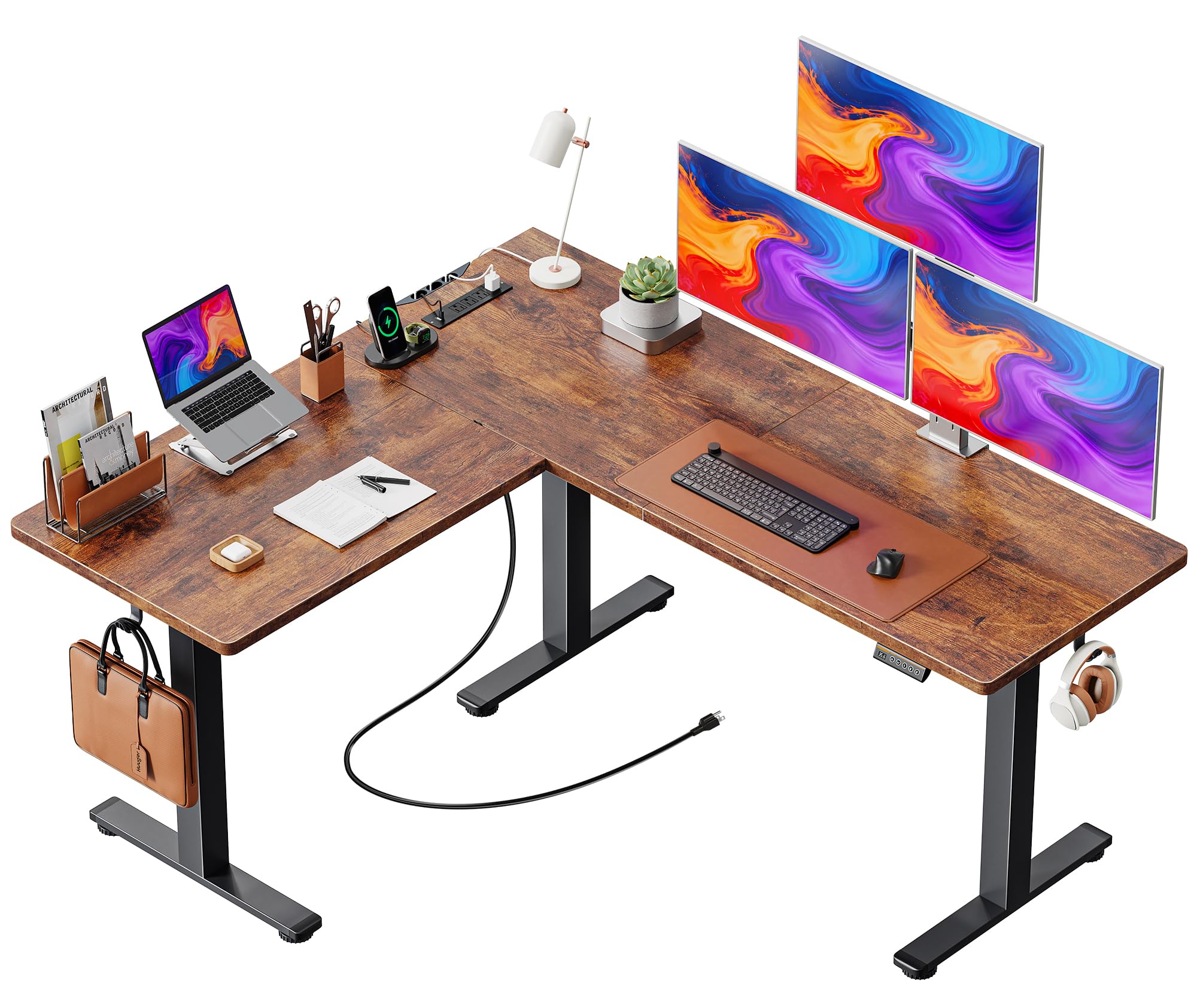 Photo 1 of *HEAVY* *Unsure if pieces are missing* Huuger L Shaped Standing Desk with Power Outlets, 63 x 55 Inch Height Adjustable Computer Desk for Bedroom, Corner Stand up Desk for Home and Office, Work and Study, Rustic Brown