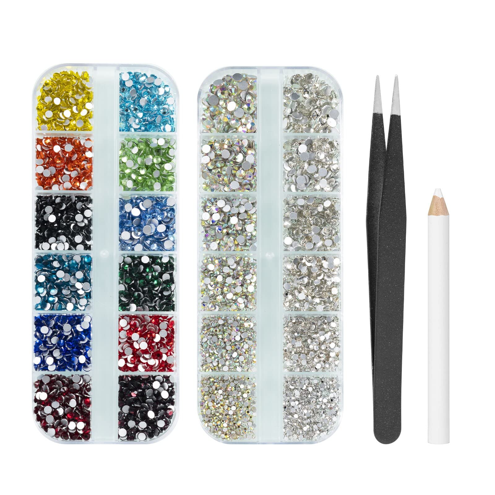 MAEXUS 5280PCS Flatback Rhinestone Kit - Nail Art Gems with Picker Pencil & Tweezers for Manicure, Makeup, Crafts (Multi-Color, AB & Clear Crystals)