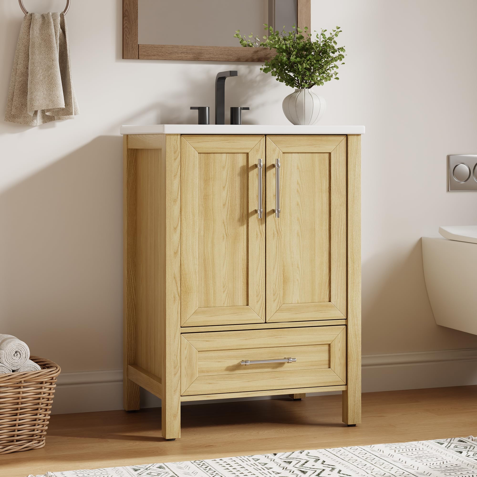Photo 1 of ***************USED- MISSING PARTS***************
Garvee 24" Bathroom Vanity with Sink, Freestanding Bathroom Sink Cabinet with 2 Soft-Closing Doors & Large Storage Drawer, Wood Vanity Cabinet, Easy Assembly & Cleaning,Natural Wood