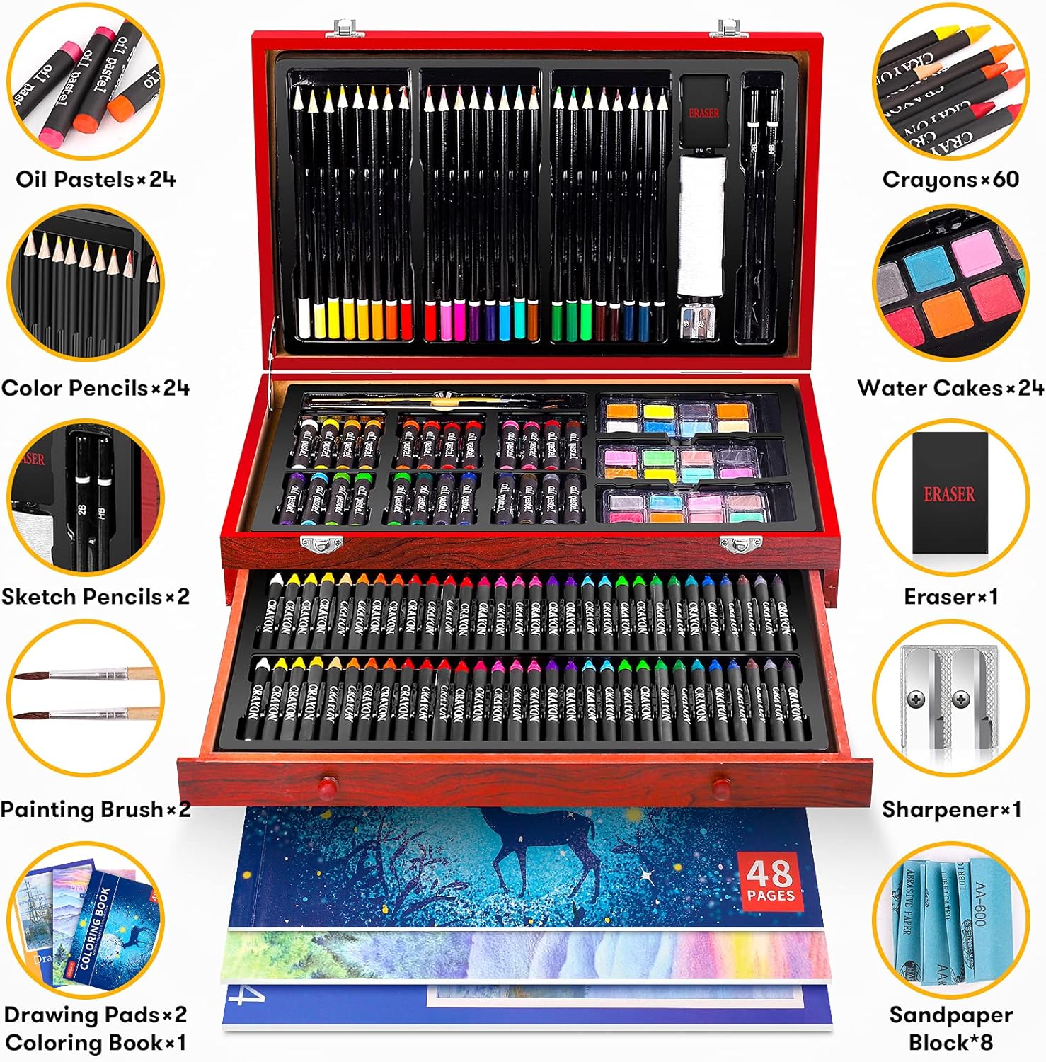 Art Supplies, iBayam 150-Pack Deluxe Wooden Art Set Crafts Drawing Painting Kit with 1 Coloring Book, 2 Sketch Pads, Creative Gift Box for Adults Artist Beginners Kids Girls Boys 5 6 7 8 9 10 11 12