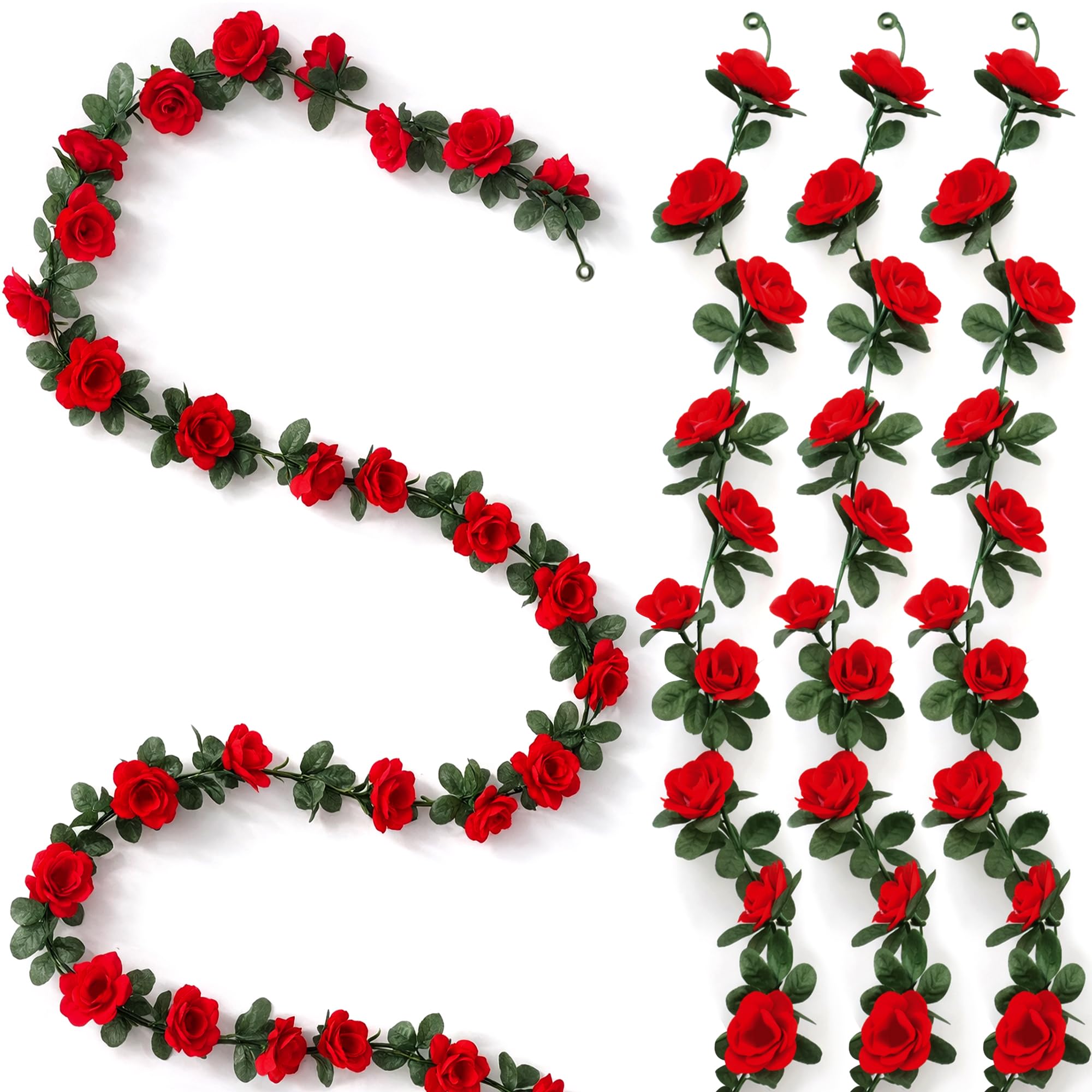 4Pack Red Roses Flower Garland, 31.6 FT Kentucky Artificial Flowers Plants for Aesthetic Room Decor, Derby Fake Roses Vine Garlands for Derby Decorations Garden Flower Wall Backdrop Wedding Arch Decor Image