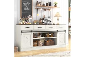 chartustriable 70” Large Long Buffet Sideboard Cabinet w/4 Drawer,Farmhouse Buffet Storage Cabinet,Sliding Door,Buffet Coffee Bar Cabinet, Credenza for Living Room,White