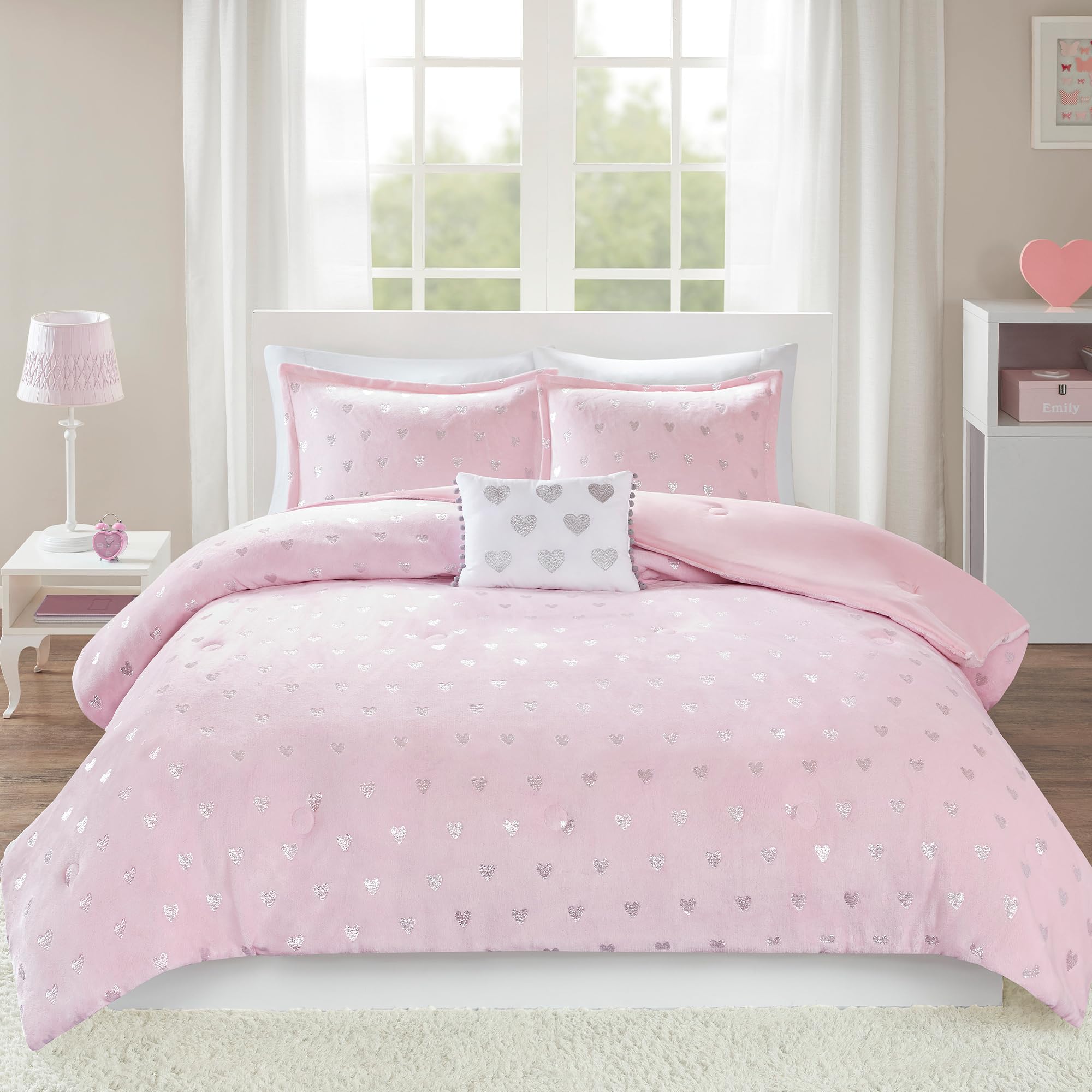 Intelligent Design Soft Plush Comforter, Rosalie, Summer Overfilled Down Alternative Hypoallergenic All Season Bedding-Set, Twin/Twin XL, Pink/Silver Image