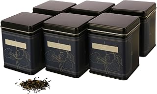 | 6 x Klassische eckige Teedose/Vorratsdose, stapelbar, inkl. 6 Etiketten zum beschriften | aromadicht aus Metall für je 180 g | 9.8 x 7.6 x 7.6 cm (H,B,T) | auch ideal als Mehl-, Reis- oder Keksdose