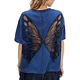 Women Sheer Butterfly T Shirt Short Sleeve Cut Out Back Tee Top Embroidered Oversized Tee Shirts Streetwear