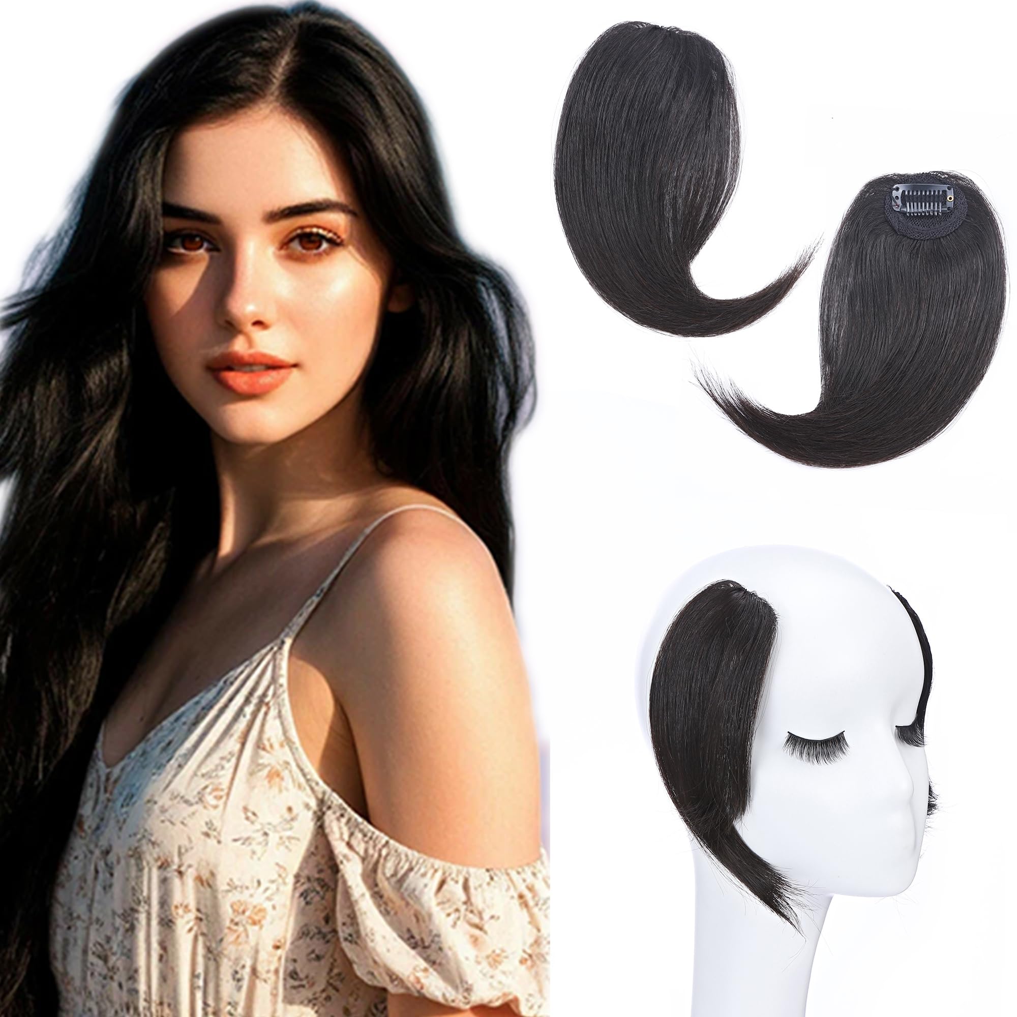 SEGO 2PCS Clip in Fringe Human Hair French Style Side Bangs [#1B Natural Black] Real Remy Hair Pieces for Women Straight Clip-on Fringe (16g)