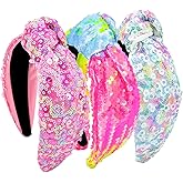 XIMA 3 PCS Sequin Headbands for Women and Girls Neon Rainbow Sparkle Statement Top Knot Holiday Hairbands Hair Accessories for Kids Girls Women