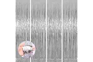 KEYALI 4 Pack 3.3 * 8.3 ft Foil Curtain Metallic Tinsel Fringe Curtains Photo Booth Props Backdrop for Birthday Wedding Engagement Baby Shower Christmas Holiday Celebration Party,Silver