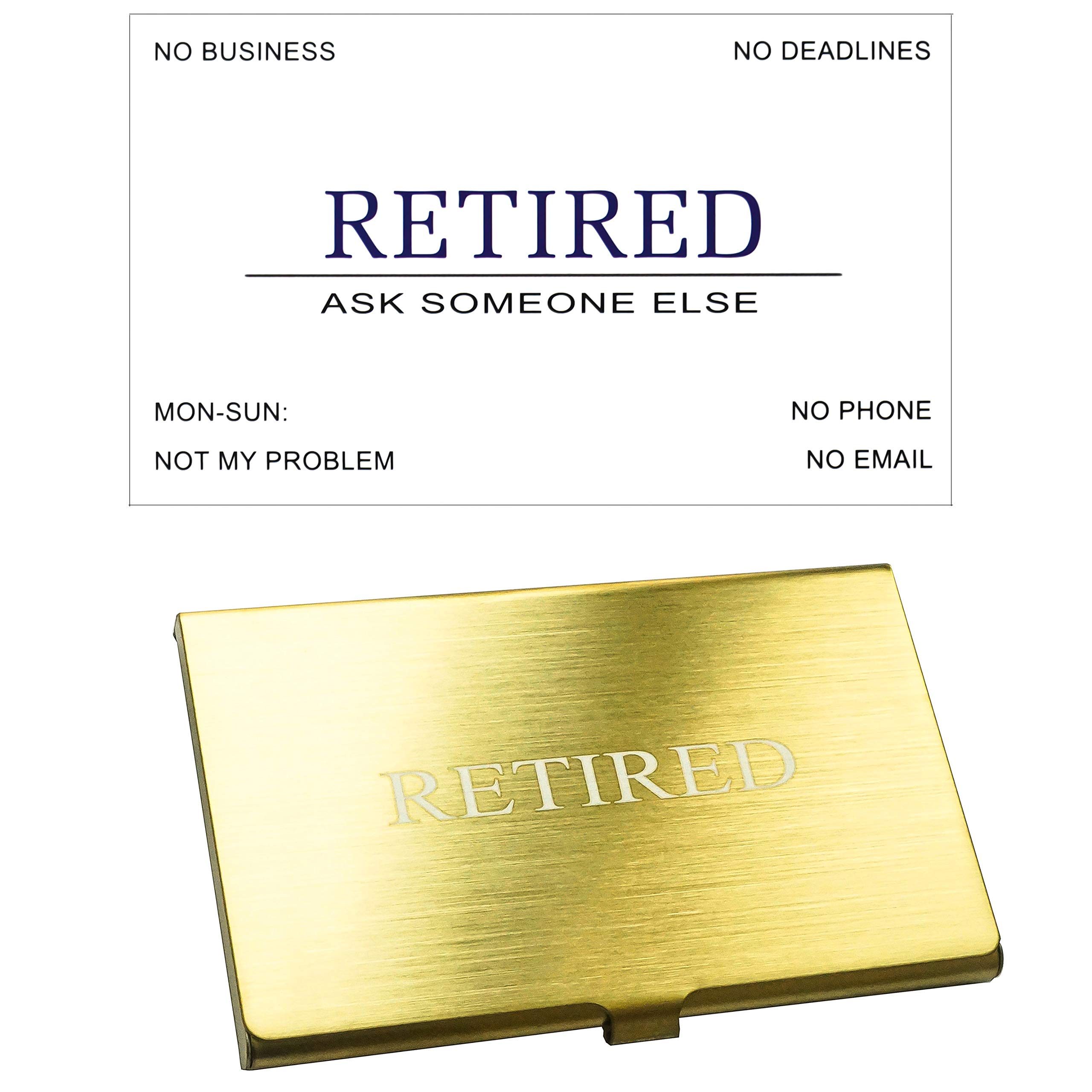 RXBC2011 Retired Business Cards Funny Retirement Gift (Pack of 50/With Gold Stainless Steel Case) For Retired Men Women Coworkers Employees Boss Friend Colleague