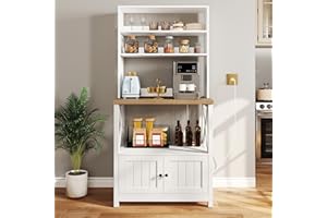 YITAHOME White Microwave Stand Bakers Rack Cabinet, Farmhouse Freestanding Small Kitchen Pantry Hutch Tall w Door Power Outlet Thickened Counter, Coffee Bar Storage Shelves