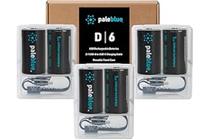 PALEBLUE Rechargeable D Batteries with USB Charger by Pale Blue, Lithium Ion 1.5v 5000 mAh, Charges Under 6.9 Hours, Over 1000 Cycles, 2-in-1 USB to USB-C Charging Cable, LED Charge Indicator, 6-Pack