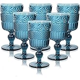 CHLJAR Vintage Wine Glasses Set of 6, 12 OZ Colored Glass Water Goblets, Embossed Floral Decorative Crystal Glass Cups Set, Dishwasher Safe, for Wedding, Party, Bars, Restaurants, Blue