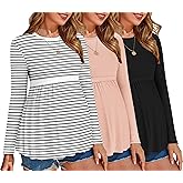 Ekouaer Maternity Shirts 3 Packs Pleated Long Sleeve Tops Tunic Casual Pregnancy Clothes