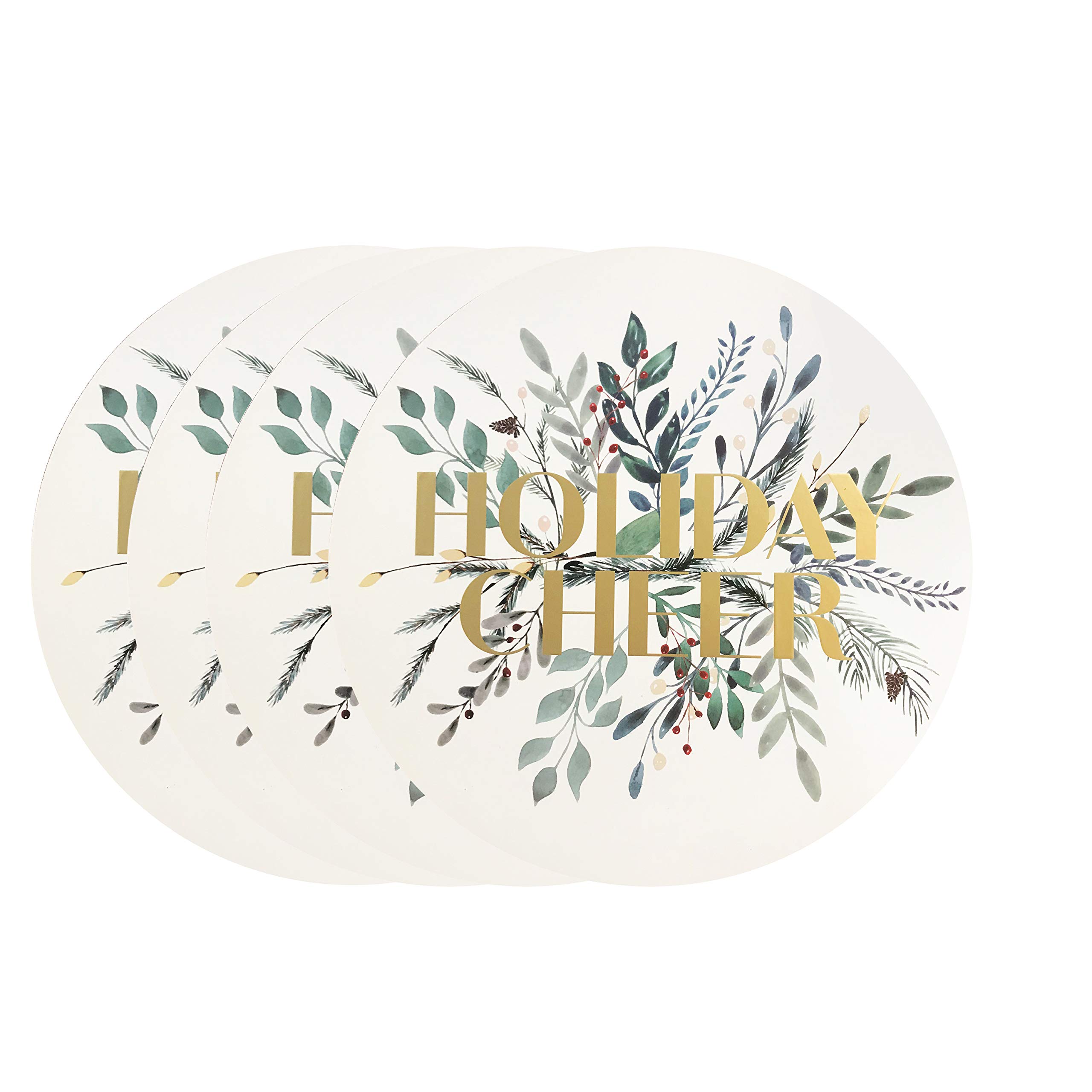 Benson Mills Cheerful Greenery Cork Placemat, Thanksgiving and Christmas Dining Table Mats, 14" Round - Set of 4 placemats, Ivory