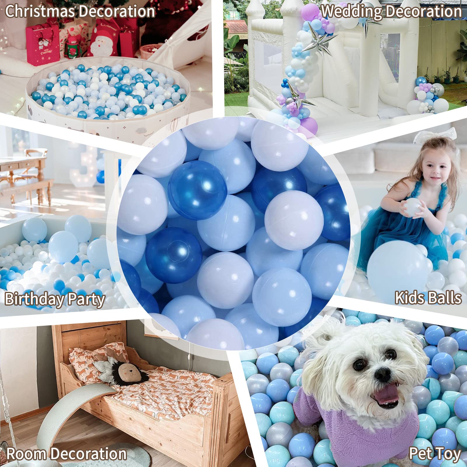 GOGOSO Ball Pit Balls for Toddler, Baby Plastic Playballs Kids Soft Pastel Pelotas Non-Toxic BPA-Free Pearl Blue+Light Blue+White 100 Balls