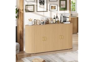 63" Oak Fluted Sideboard Buffet Cabinet, Modern Curved Credenza with Adjustable Shelves, Multipurpose Wood Storage Cabinet fo