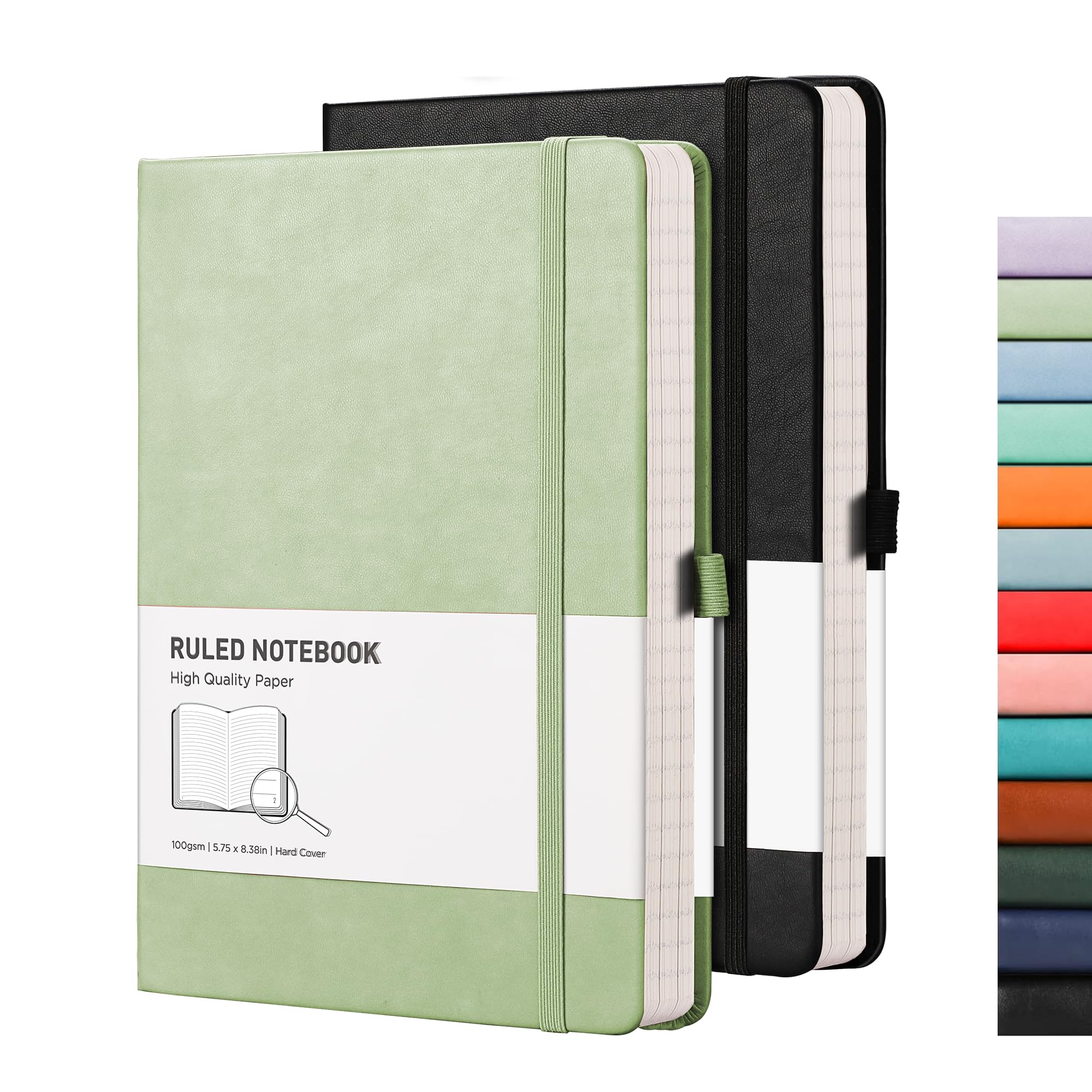 RETTACY Notebook A5 Lined Hardback 2 Pack - Thick Journal with 376 Numbered Paper,2 Free Sticky Notes Divider,100gsm Paper, Pen Loop, Inner Pocket, 14.5 x 21cm - Light green — image 1