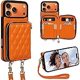 Keallce for iPhone 17 Pro Max 6.9'' Wallet Case, Crossbody Zipper Purse with Wristlet for Women, RFID Blocking Card Holders, Flip Leather Case for iPhone 17 Pro Max, Orange
