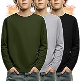 LessonZoo 3 Pack Boys Fleece Long Sleeve Shirts, Crew Neck Thermal Tops Kids Casual Soft Warm Loose Basic Tees 3-16 Years