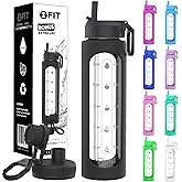 FIT Strong & Healthy 32 oz Glass Water Bottle with Straw Lid - Wide Mouth Borosilicate Glass Water Bottles with Time Marker, Silicone Sleeve & Extra Lid - 1L Large Motivational Drinking Bottle