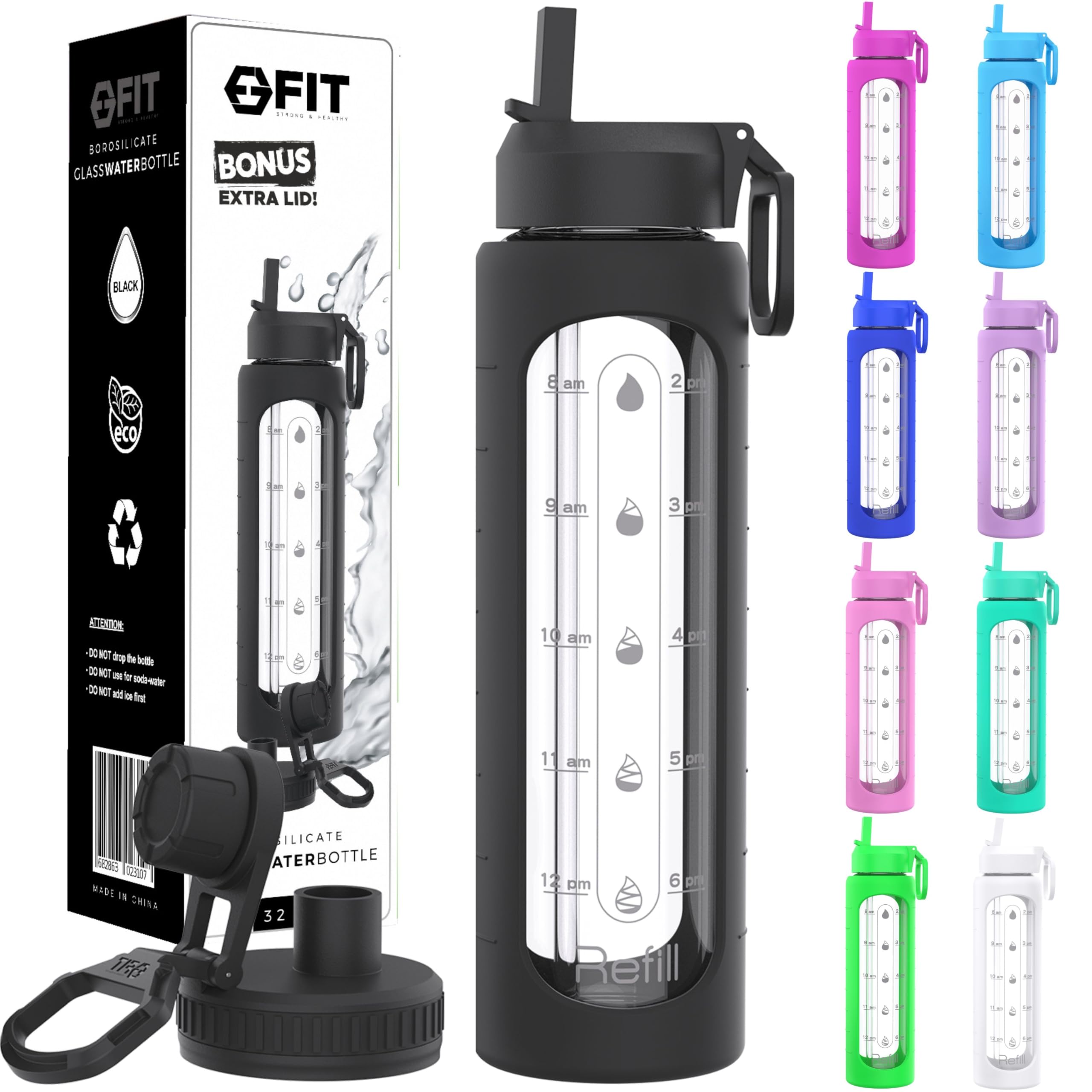 Glass Water Bottle with Time Markings 1 Litre - EXTRA LID, 1l Water Bottles, Waterbottle, Glass Drinking Bottle for Hydration, Reusable, Wide Mouth, Leakproof, BPA Free (Black Sleeve)