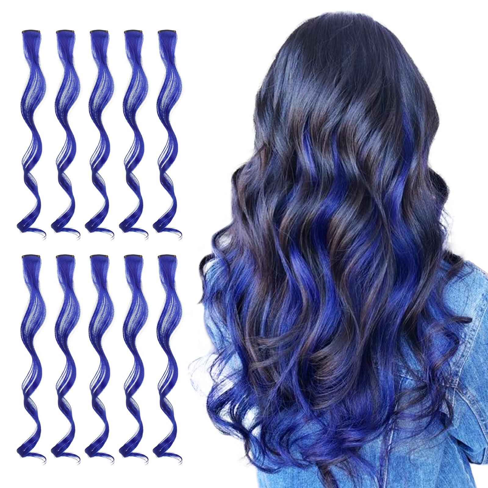 Sofeiyan 10 Pcs Colored Hair Extensions Party Highlights Colorful Clip in Hair Extensions 17 Inch Curly Wavy Synthetic Hairpieces for Women Party, Jewel Blue — image 1